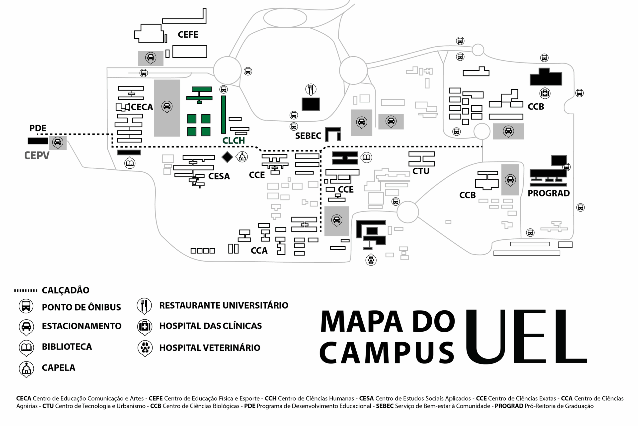 Mapa do campus da UEL com todos os centros de estudo (prédios brancos com contorno preto) e com demais órgãos (prédios pretos).
O CLCH está destacado em verde.

Os pontos de ônibus, estacionamentos e bibliotecas estão identificadas com ícones, bem como a réplica (capela ecumênica), o restaurante universitário, o HC e o HV.
Prédios com contornos cinza são utilizados para outras finalidades, não identificados no mapa.