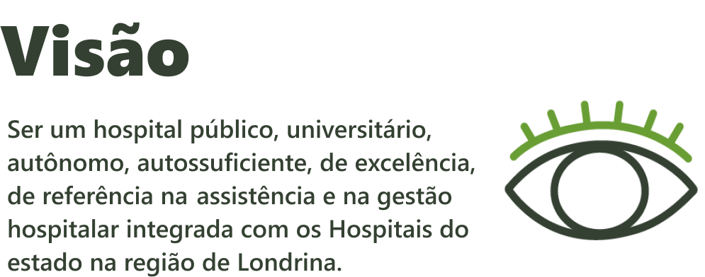 Visão: Ser um hospital público, universitário, autônomo, autossuficiente, de excelência, de referência na
 assistência e na gestão hospitalar integrada com os Hospitais do estado na região de Londrina.