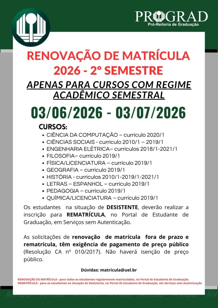 UEL abre período de renovação de matrícula para o 2º semestre letivo de ...